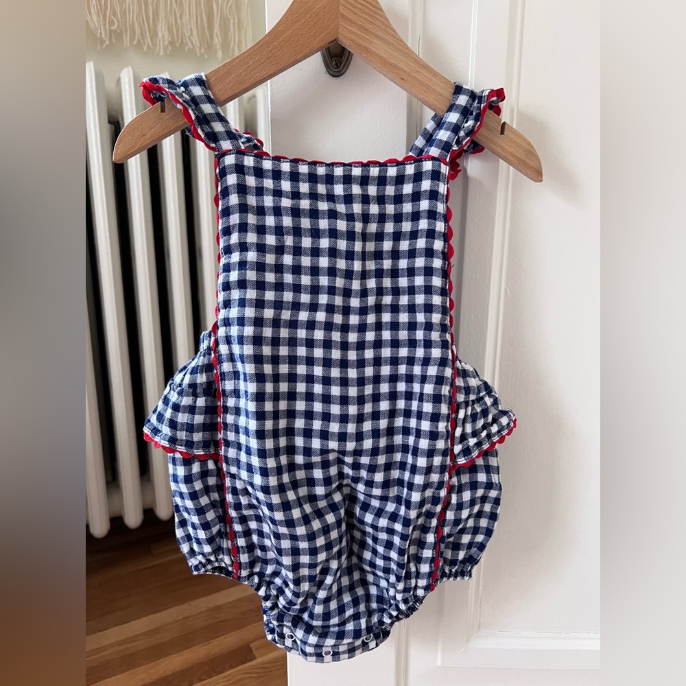 Angel Dear Ric Rac Ruffle Sunsuit Navy Gingham